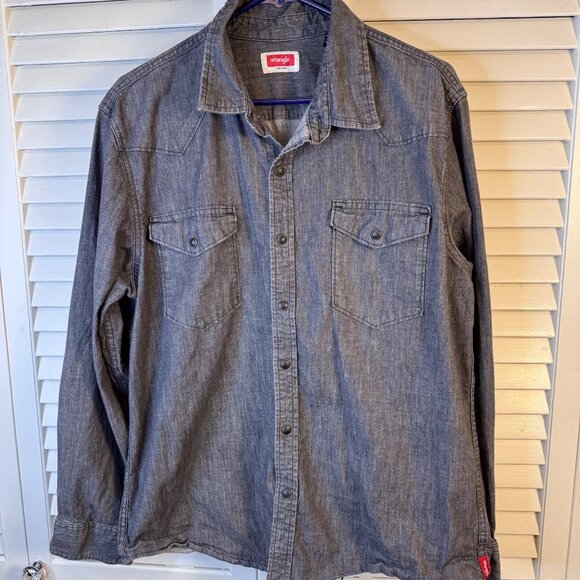 Wrangler Mens Large Gray Long Sleeve Button-Up Denim Shirt Rodeo Western Country - Picture 1 of 8